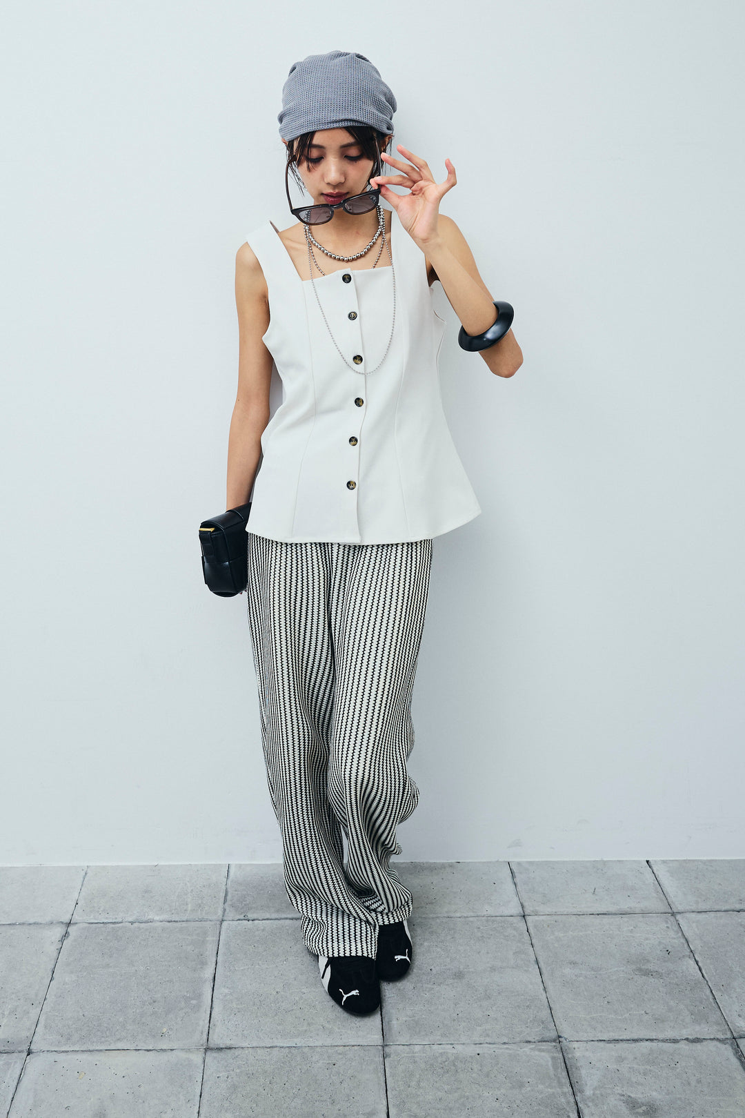 [予約/SET]ノースリーブフロントボタントップス+ストライプレースイージーPT(2set)