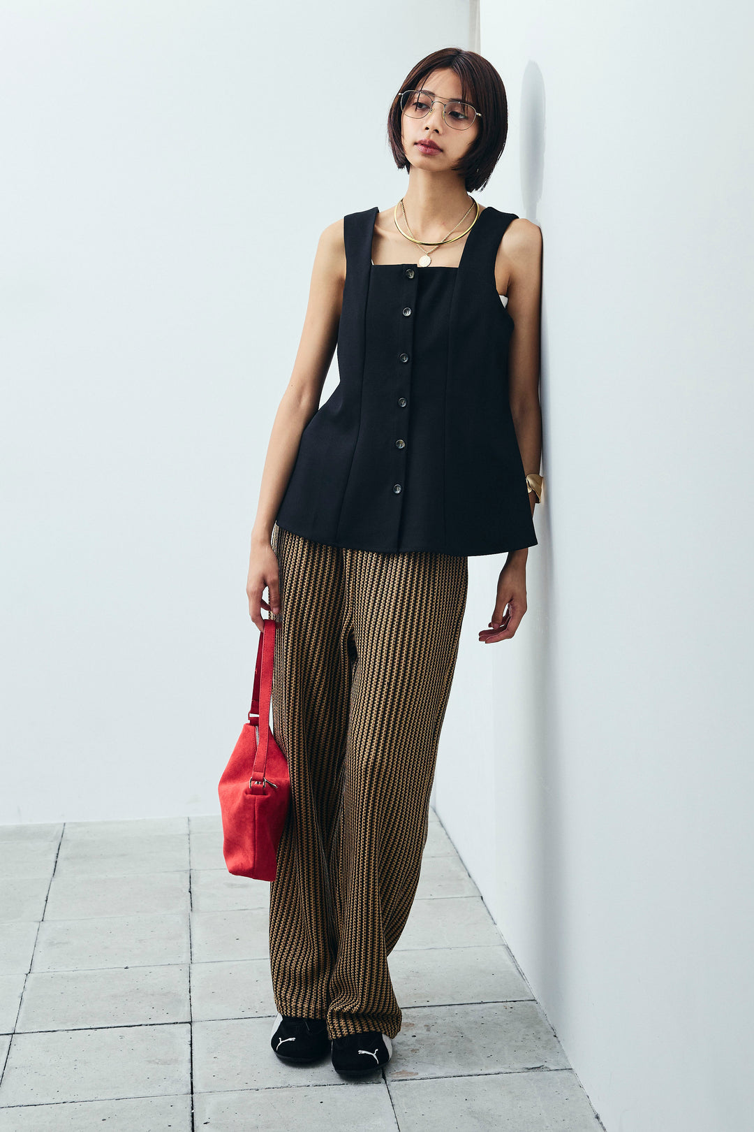 [予約/SET]ノースリーブフロントボタントップス+ストライプレースイージーPT(2set)