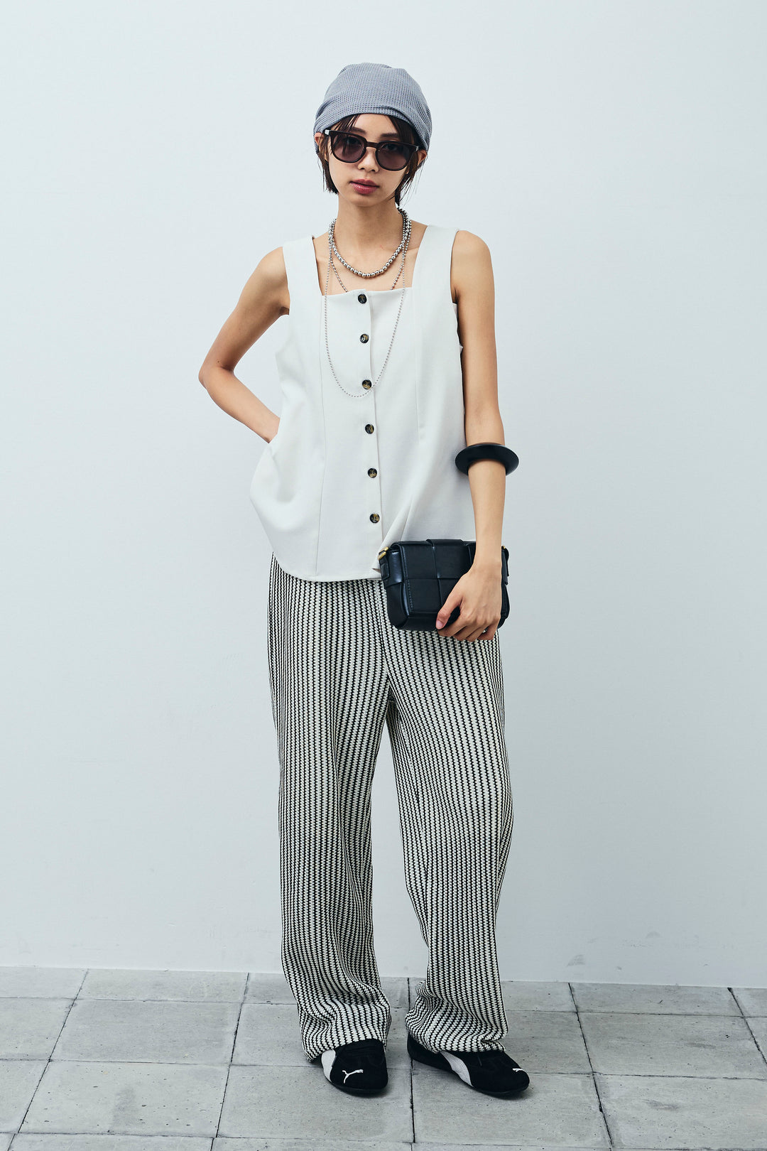 [予約/SET]ノースリーブフロントボタントップス+ストライプレースイージーPT(2set)