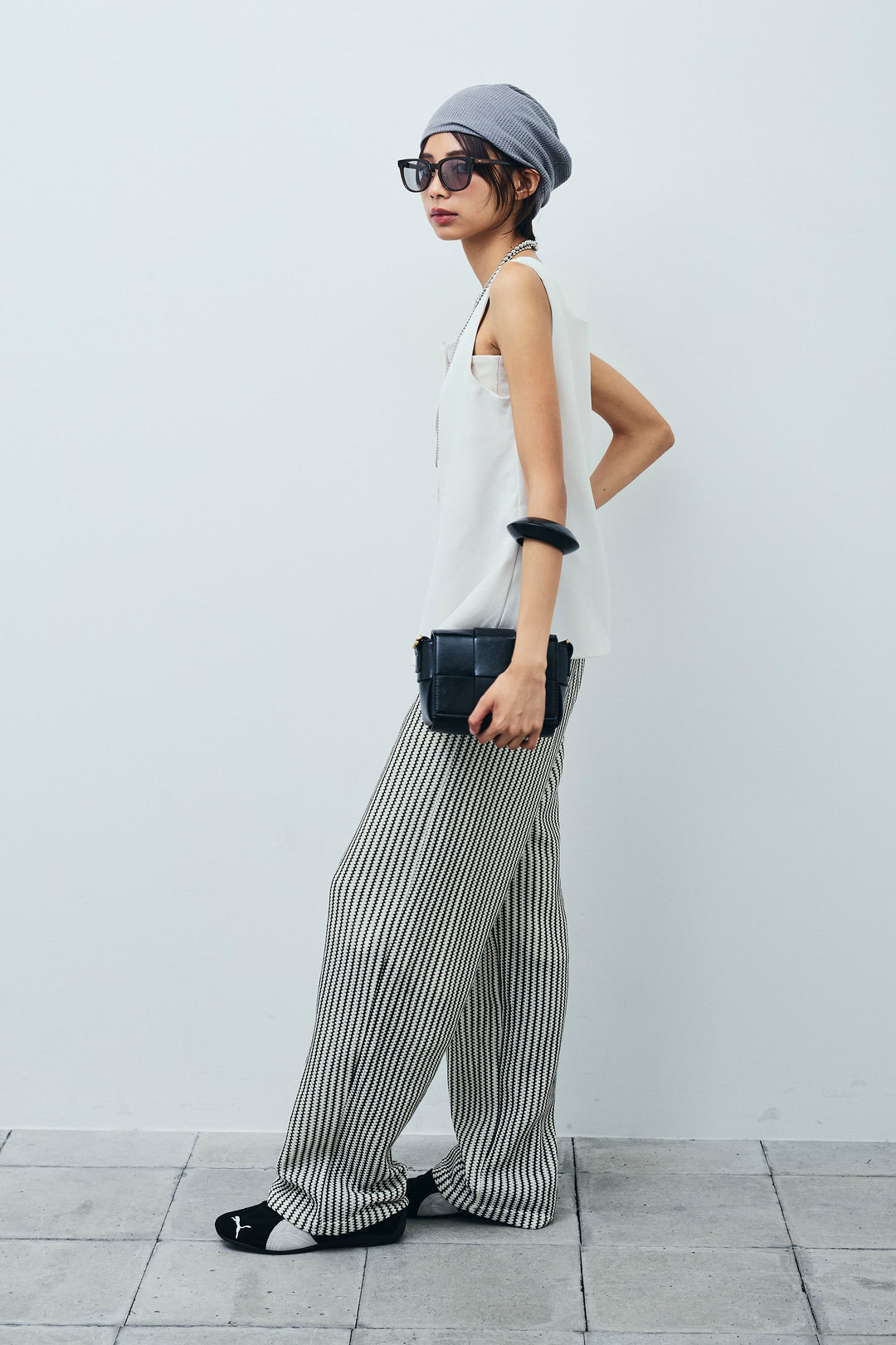 [予約/SET]ノースリーブフロントボタントップス+ストライプレースイージーPT(2set)