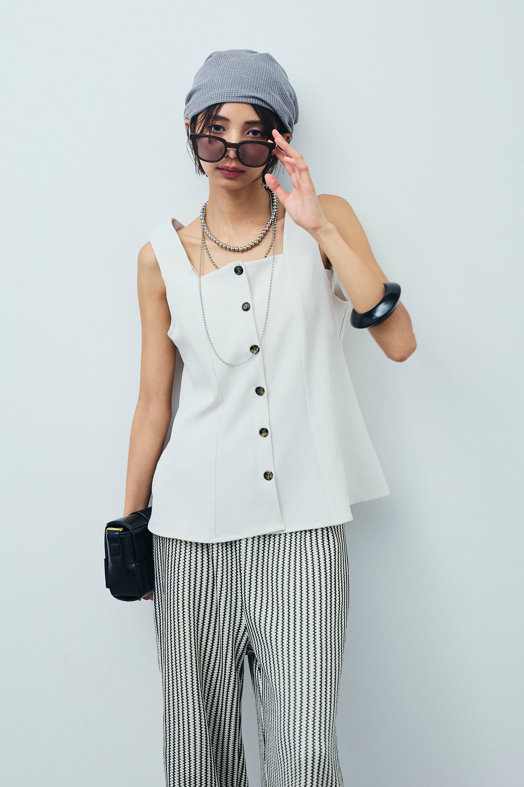 [予約/SET]ノースリーブフロントボタントップス+ストライプレースイージーPT(2set)