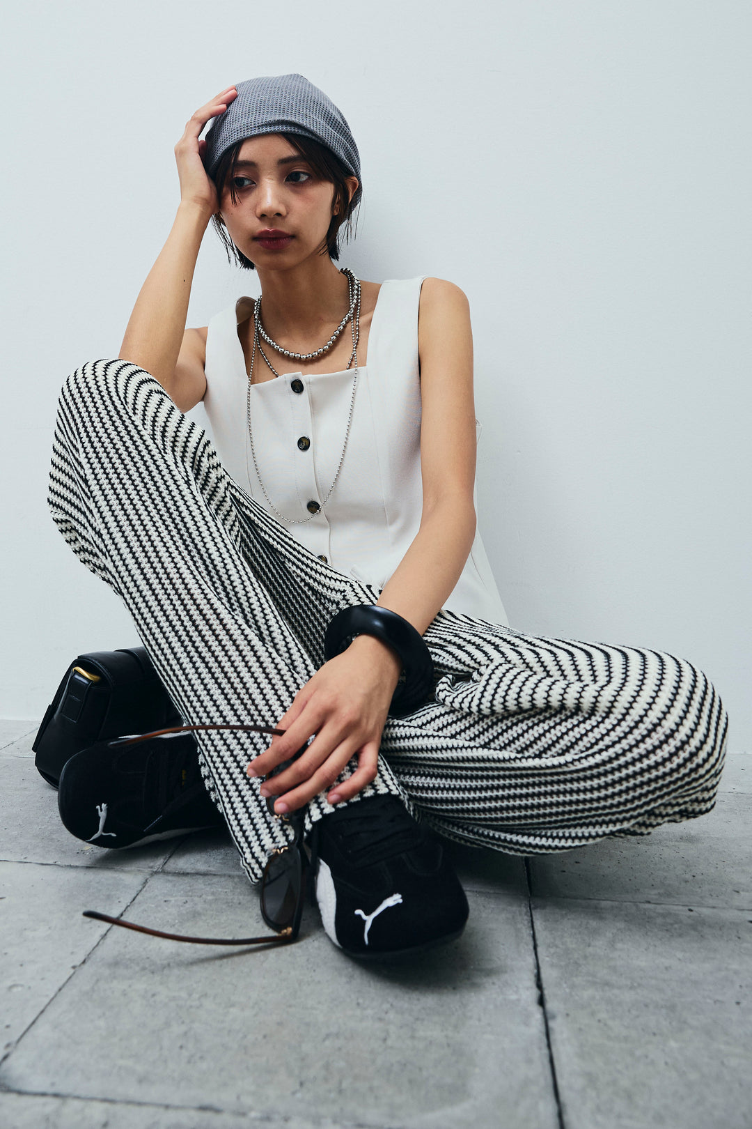 [予約/SET]ノースリーブフロントボタントップス+ストライプレースイージーPT(2set)