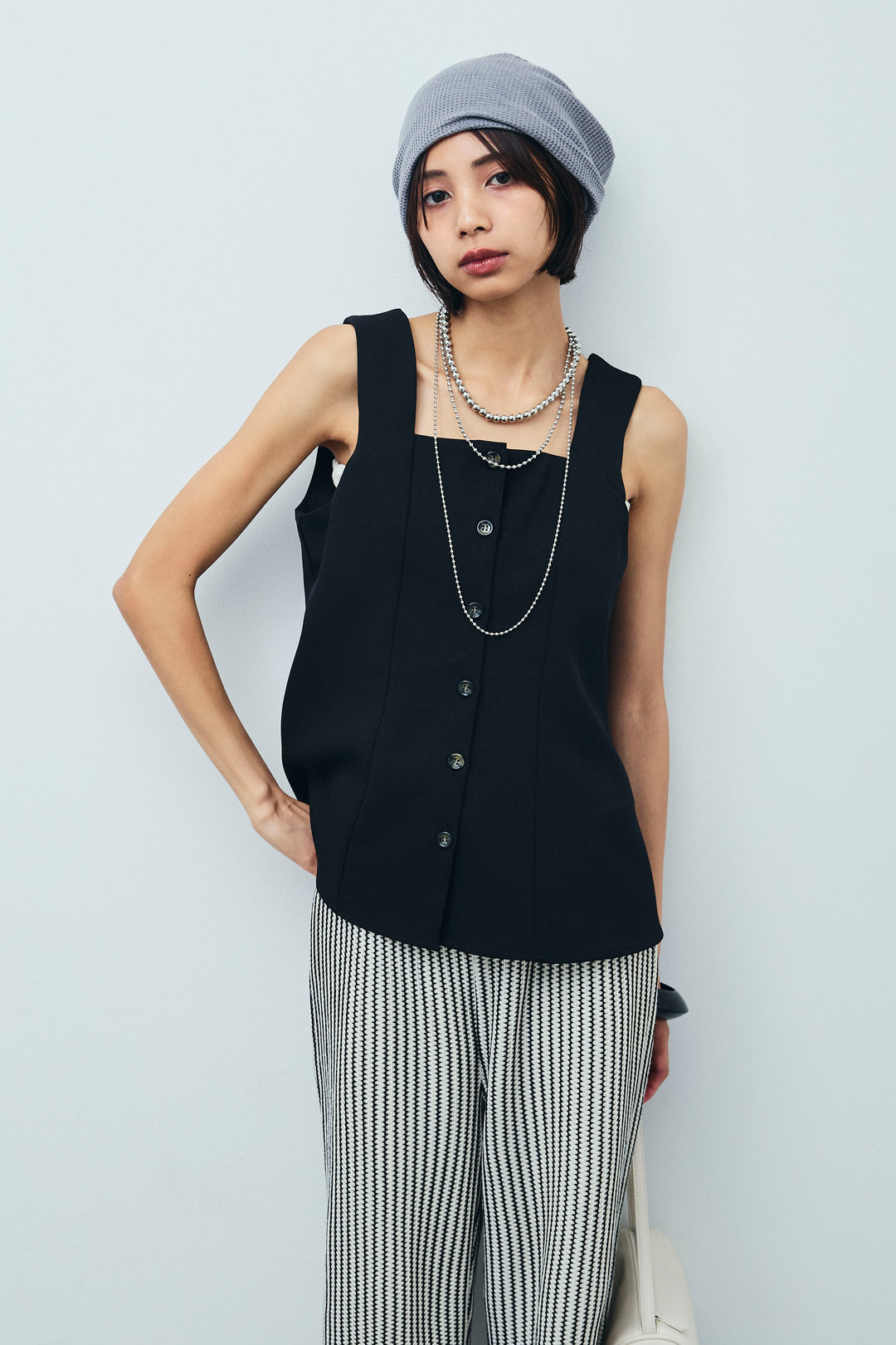 [予約/SET]ノースリーブフロントボタントップス+ストライプレースイージーPT(2set)