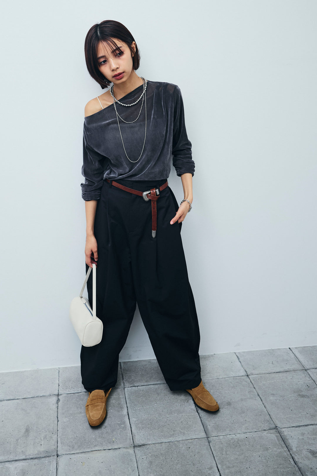 [予約/SET]シアーベロアオフショルタックPO+合繊ツイルタックカーブパンツ(2set)