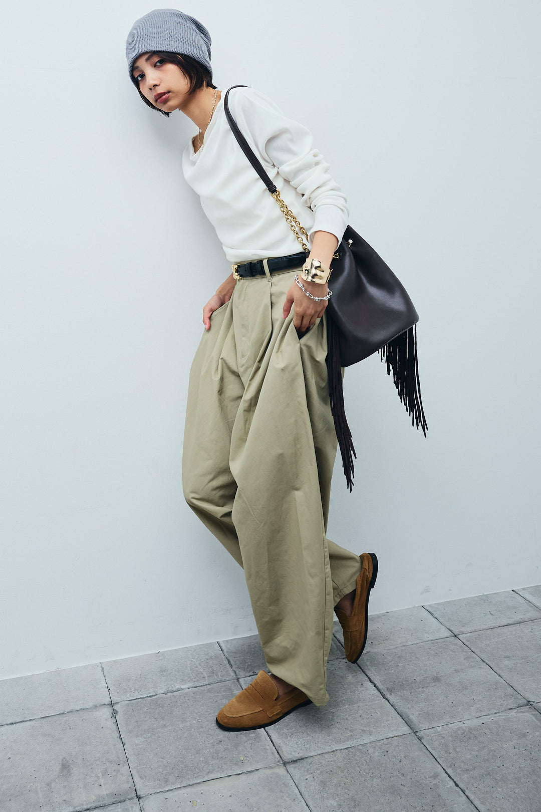 [予約/SET]シアーベロアオフショルタックPO+合繊ツイルタックカーブパンツ(2set)