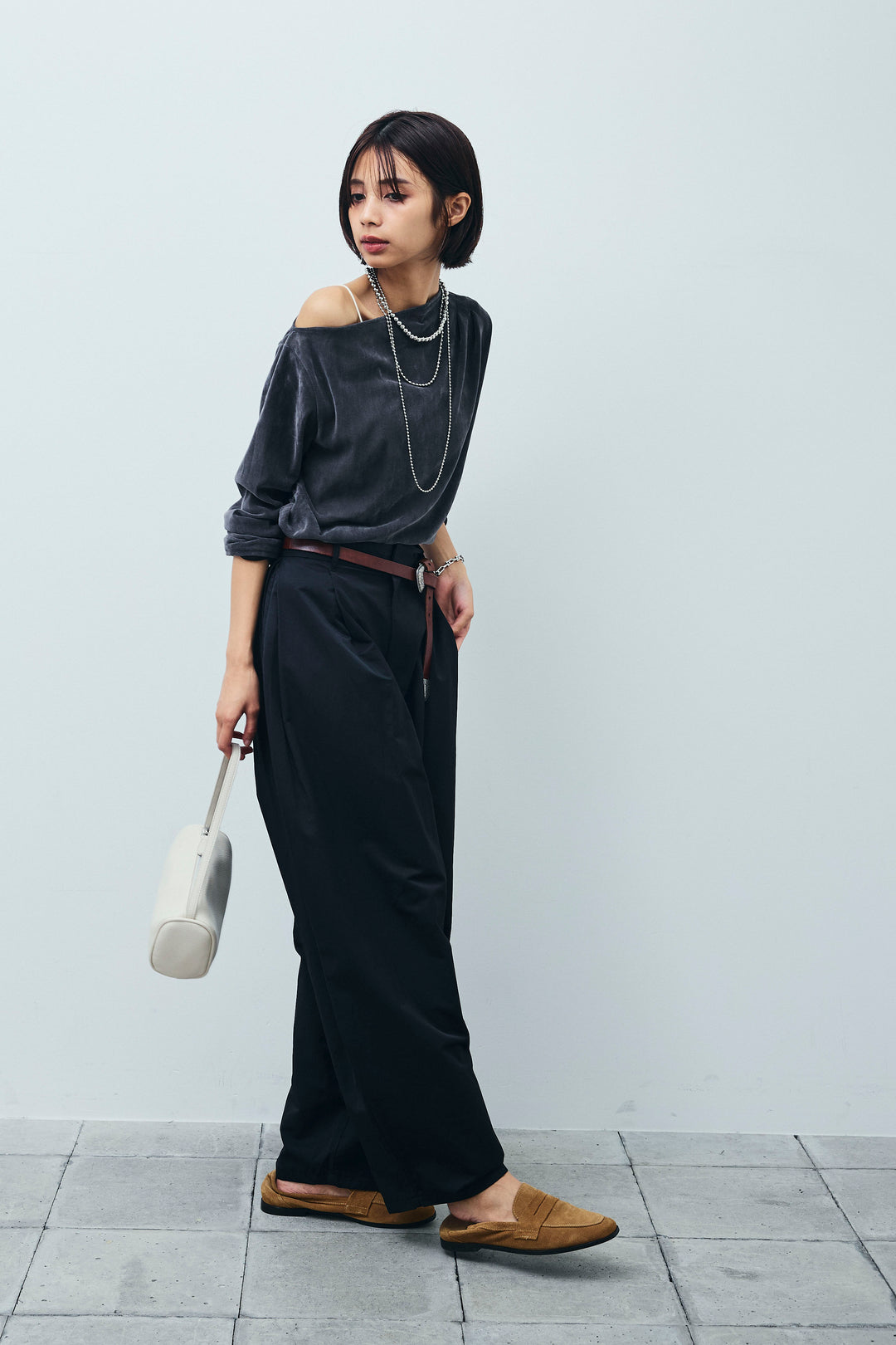 [予約/SET]シアーベロアオフショルタックPO+合繊ツイルタックカーブパンツ(2set)