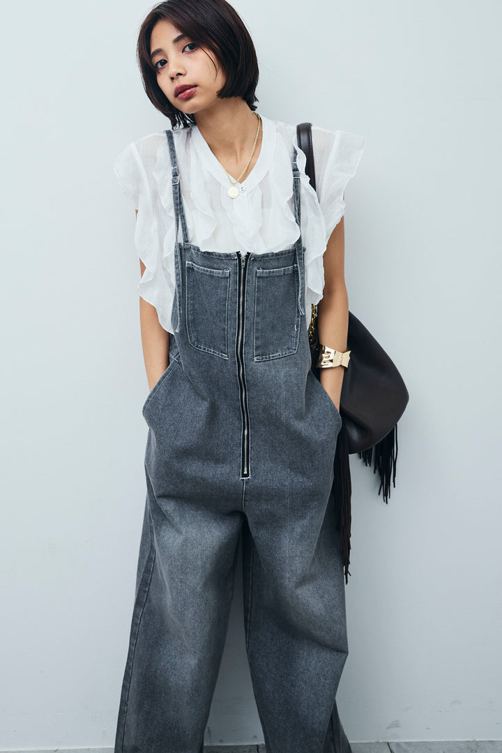 [予約/SET]リネンランダムフリルブラウス+フロントジップストラップデザインデニムサロペット(2set)