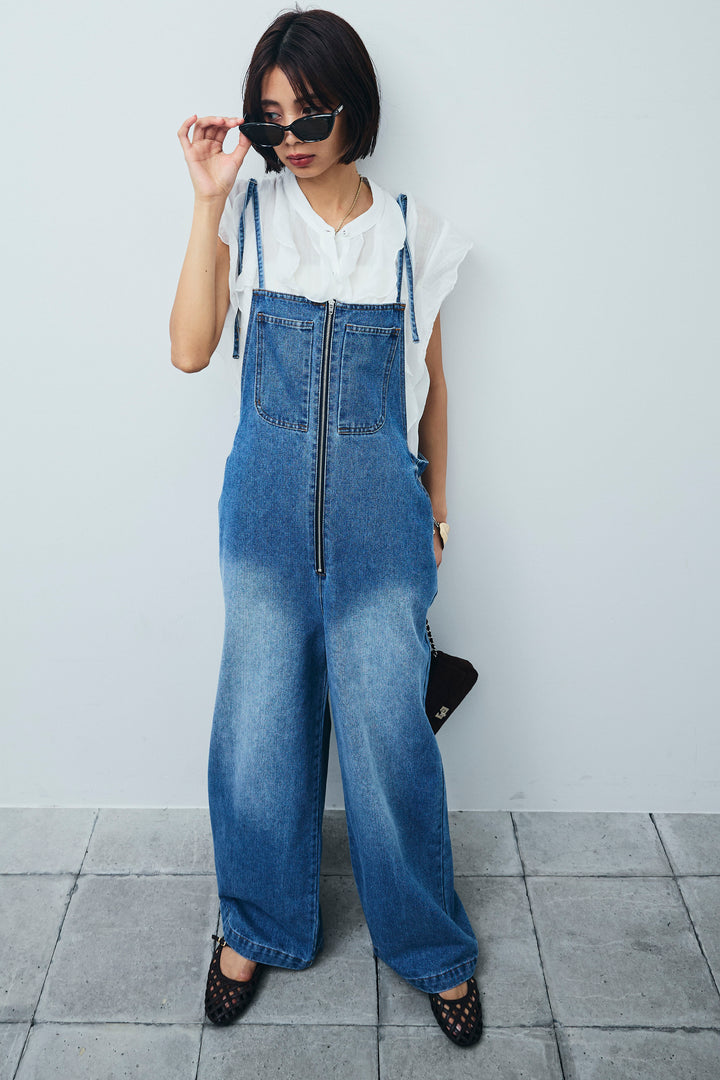 [予約/SET]リネンランダムフリルブラウス+フロントジップストラップデザインデニムサロペット(2set)