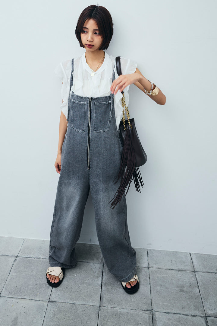 [予約/SET]リネンランダムフリルブラウス+フロントジップストラップデザインデニムサロペット(2set)