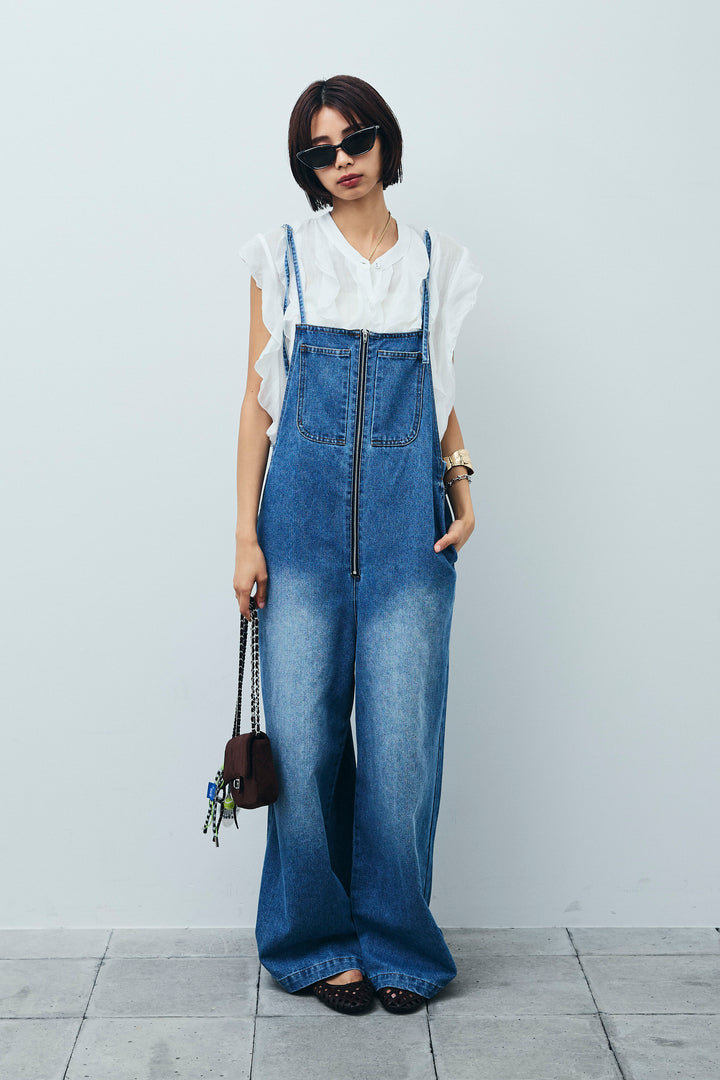 [予約/SET]リネンランダムフリルブラウス+フロントジップストラップデザインデニムサロペット(2set)