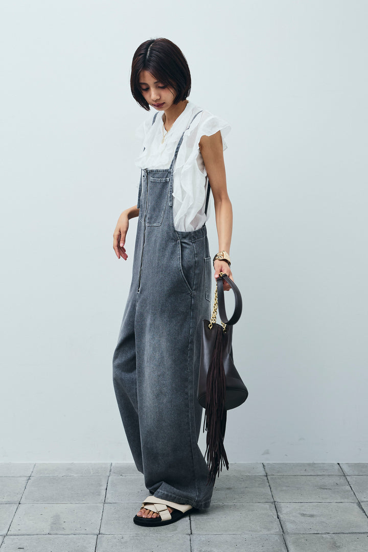 [予約/SET]リネンランダムフリルブラウス+フロントジップストラップデザインデニムサロペット(2set)