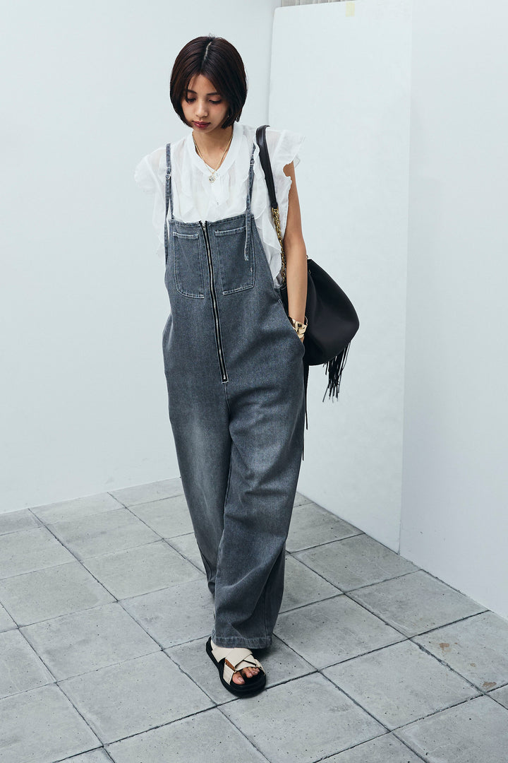 [予約/SET]リネンランダムフリルブラウス+フロントジップストラップデザインデニムサロペット(2set)