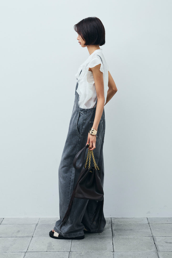 [予約/SET]リネンランダムフリルブラウス+フロントジップストラップデザインデニムサロペット(2set)