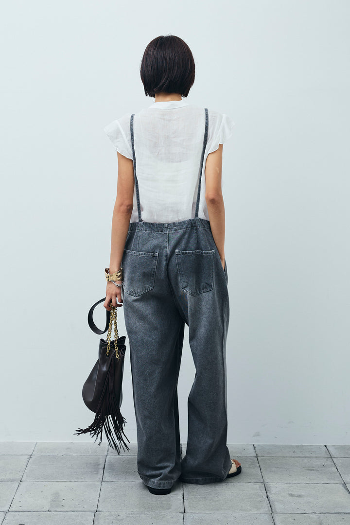 [予約/SET]リネンランダムフリルブラウス+フロントジップストラップデザインデニムサロペット(2set)