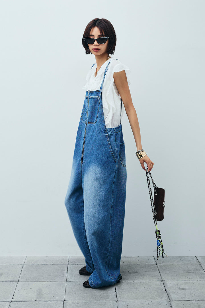 [予約/SET]リネンランダムフリルブラウス+フロントジップストラップデザインデニムサロペット(2set)