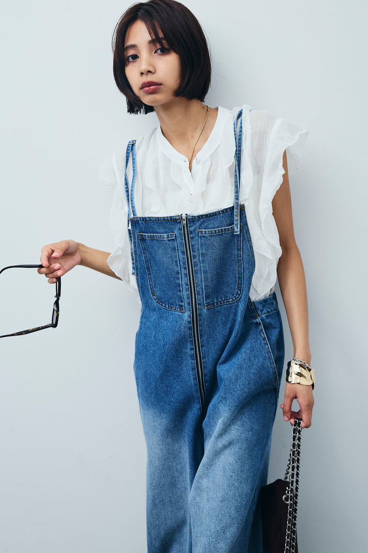 [予約/SET]リネンランダムフリルブラウス+フロントジップストラップデザインデニムサロペット(2set)