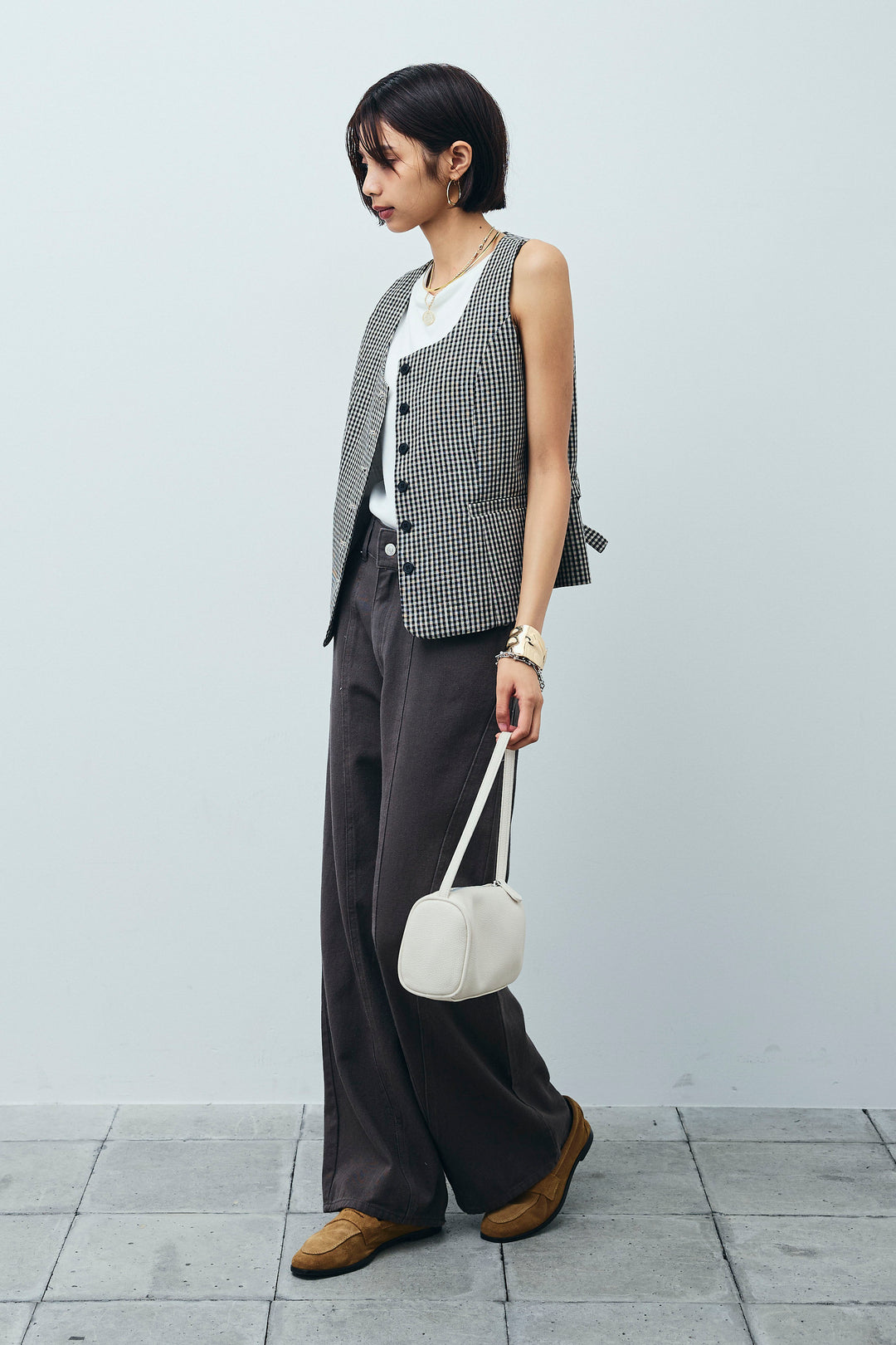 [予約/SET]チェックベスト+ツイル切り替えストレートパンツ(2set)