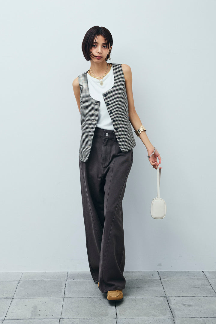 [予約/SET]チェックベスト+ツイル切り替えストレートパンツ(2set)