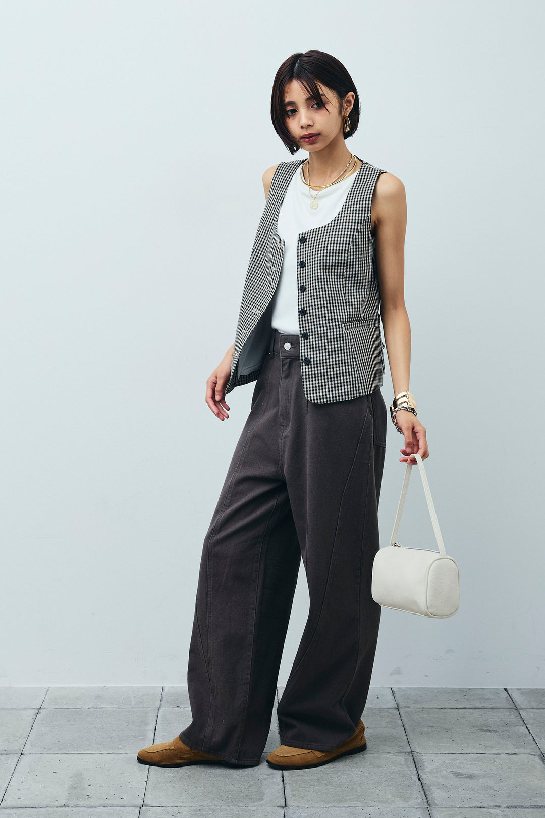 [予約/SET]チェックベスト+ツイル切り替えストレートパンツ(2set)