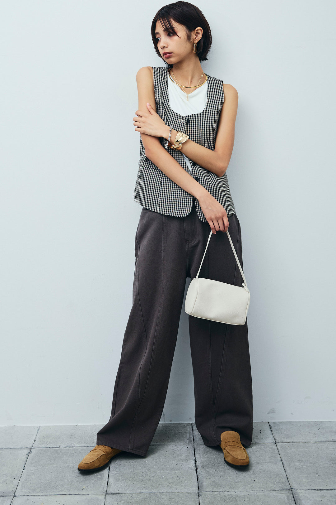 [予約/SET]チェックベスト+ツイル切り替えストレートパンツ(2set)