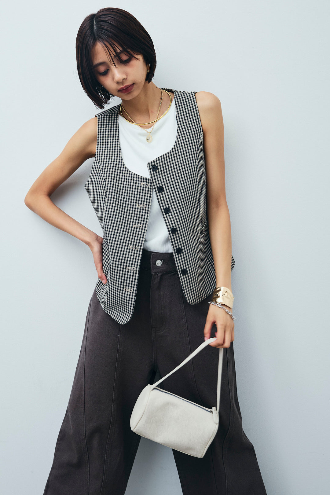 [予約/SET]チェックベスト+ツイル切り替えストレートパンツ(2set)