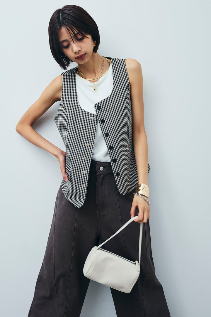 [予約/SET]チェックベスト+ツイル切り替えストレートパンツ(2set)