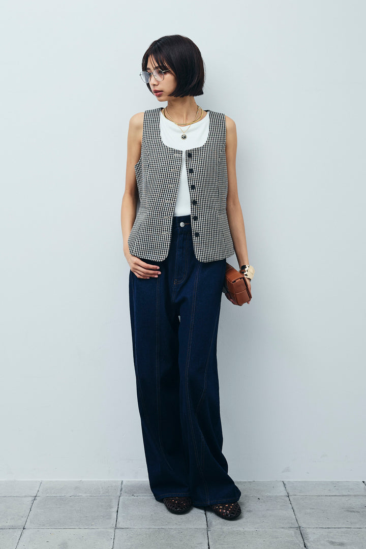 [予約/SET]チェックベスト+デニム切り替えストレートパンツ(2set)