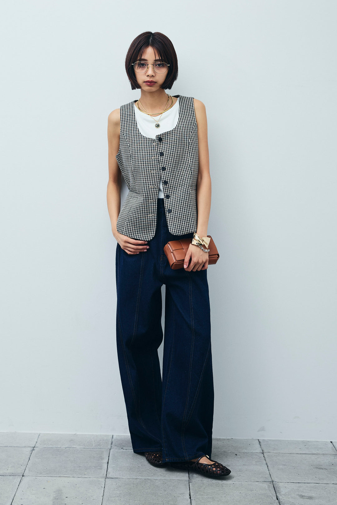 [予約/SET]チェックベスト+デニム切り替えストレートパンツ(2set)