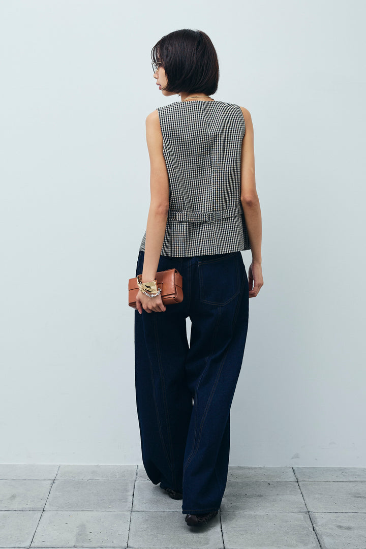 [予約/SET]チェックベスト+デニム切り替えストレートパンツ(2set)