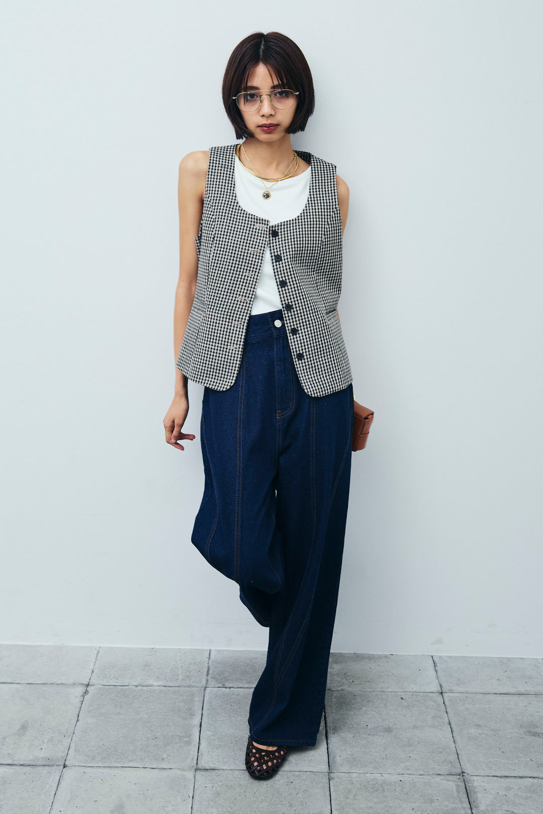 [予約/SET]チェックベスト+デニム切り替えストレートパンツ(2set)