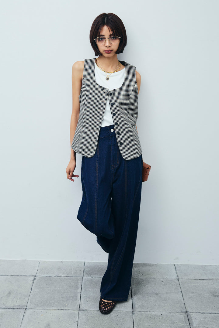 [予約/SET]チェックベスト+デニム切り替えストレートパンツ(2set)
