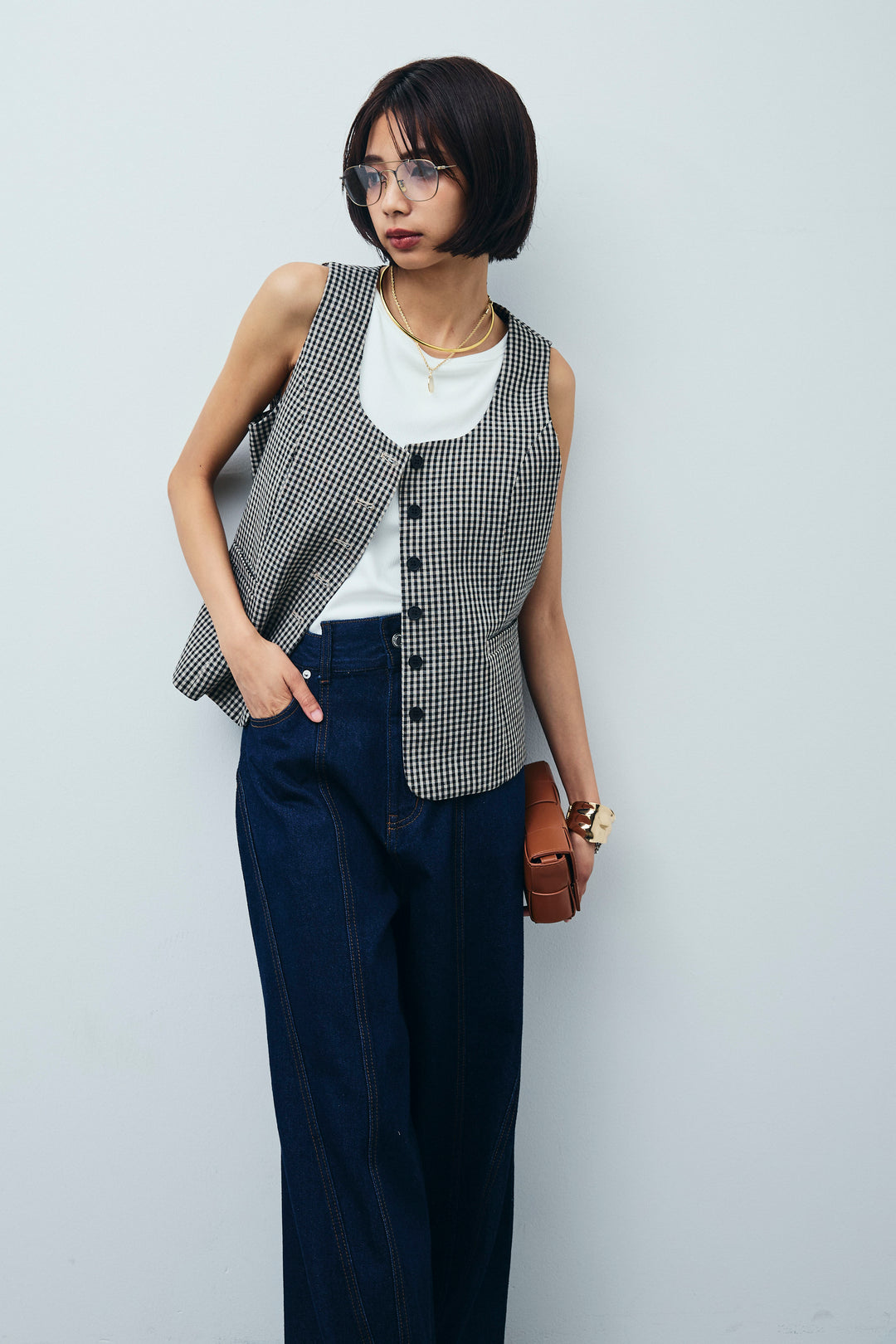 [予約/SET]チェックベスト+デニム切り替えストレートパンツ(2set)