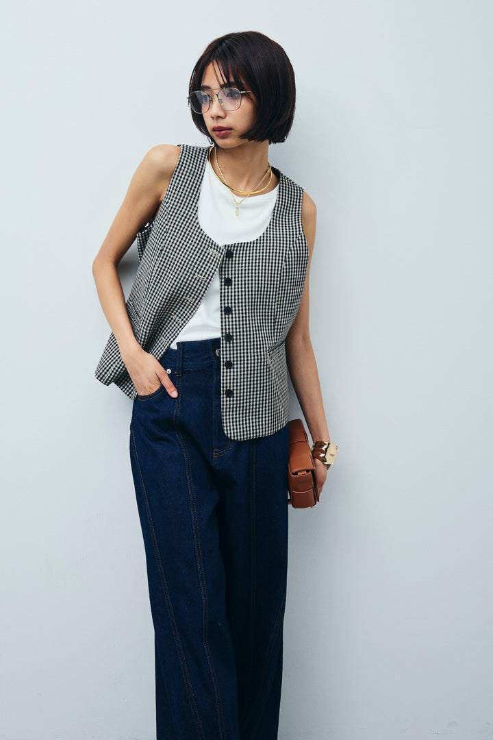 [予約/SET]チェックベスト+デニム切り替えストレートパンツ(2set)
