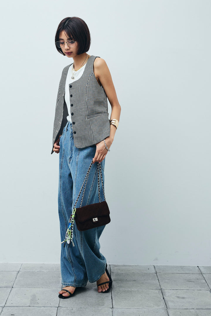 [予約/SET]チェックベスト+デニム切り替えストレートパンツ(2set)