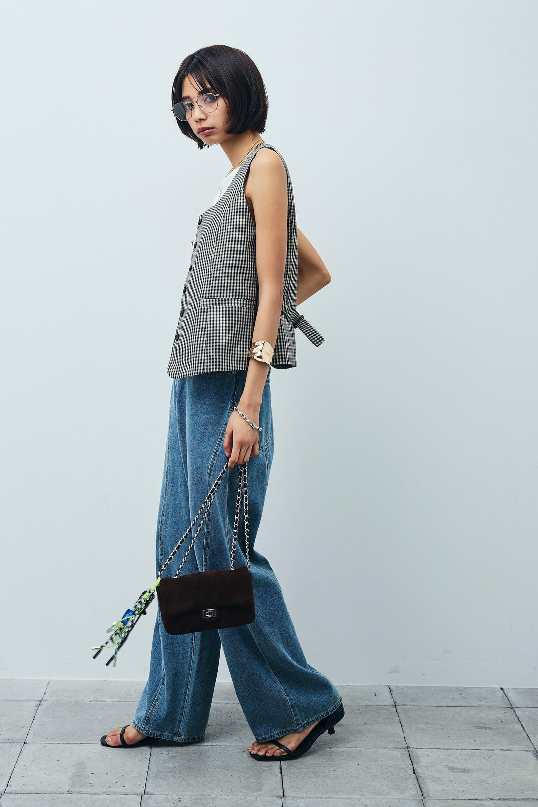 [予約/SET]チェックベスト+デニム切り替えストレートパンツ(2set)