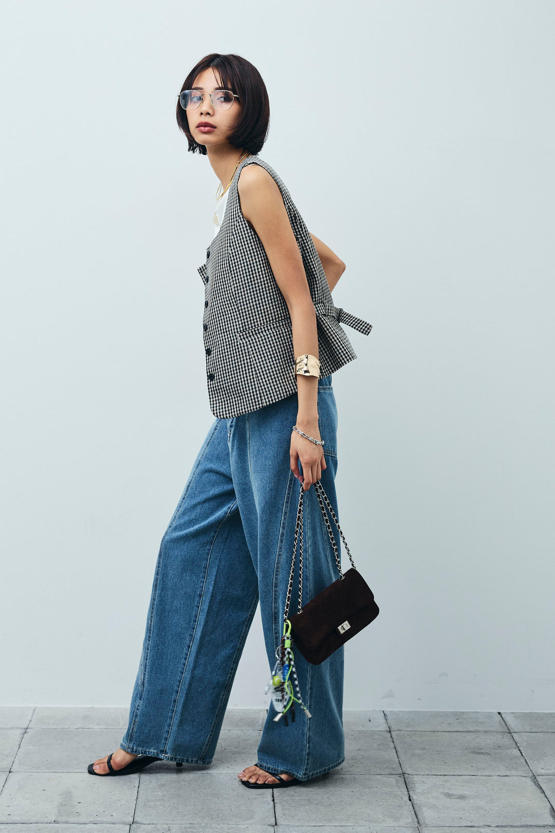 [予約/SET]チェックベスト+デニム切り替えストレートパンツ(2set)