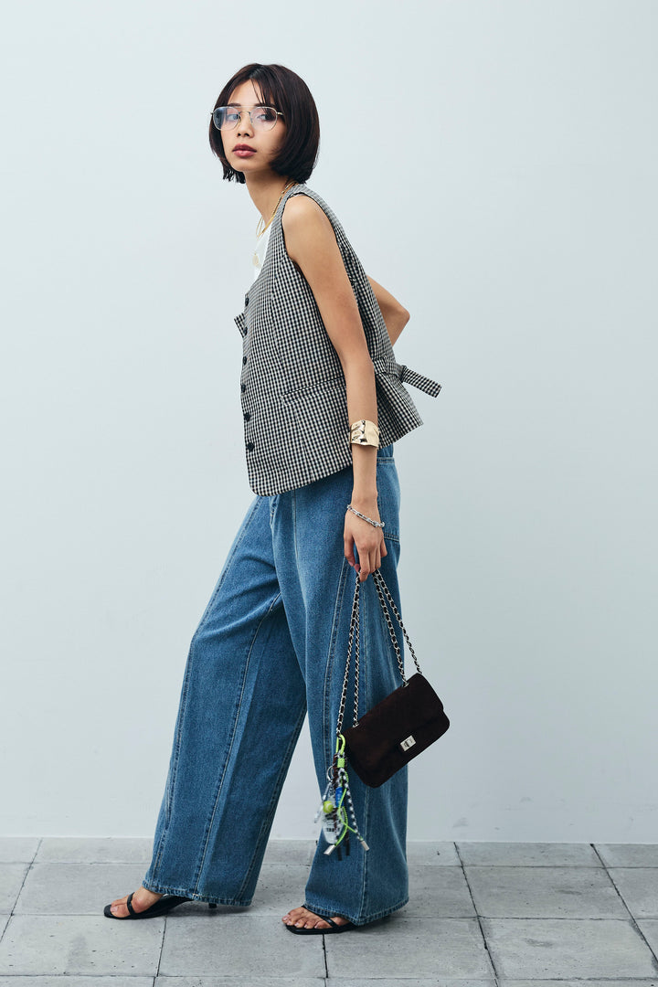[予約/SET]チェックベスト+デニム切り替えストレートパンツ(2set)