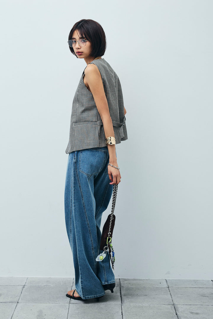 [予約/SET]チェックベスト+デニム切り替えストレートパンツ(2set)