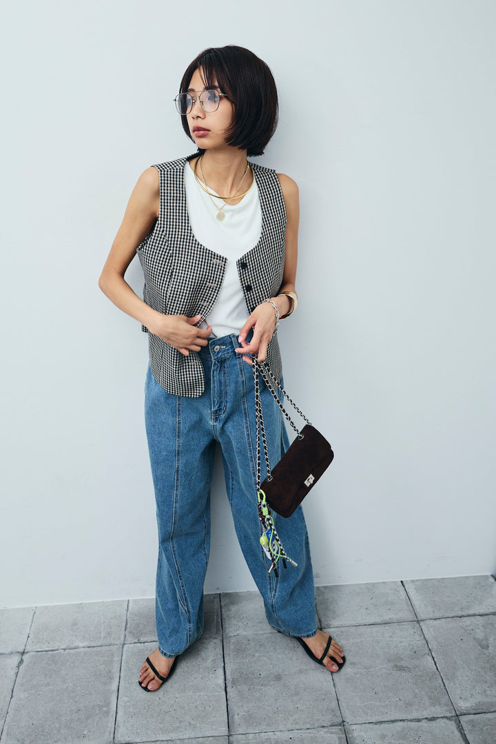 [予約/SET]チェックベスト+デニム切り替えストレートパンツ(2set)
