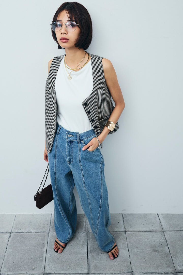 [予約/SET]チェックベスト+デニム切り替えストレートパンツ(2set)