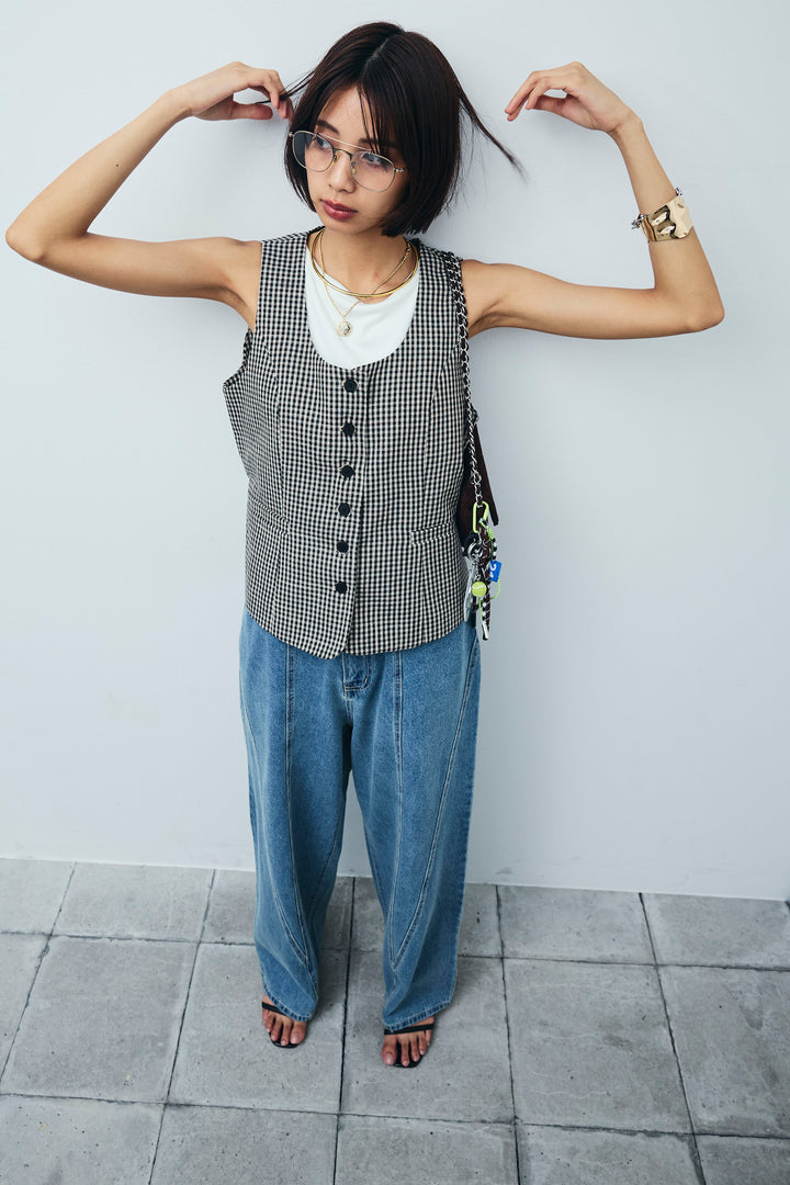 [予約/SET]チェックベスト+デニム切り替えストレートパンツ(2set)