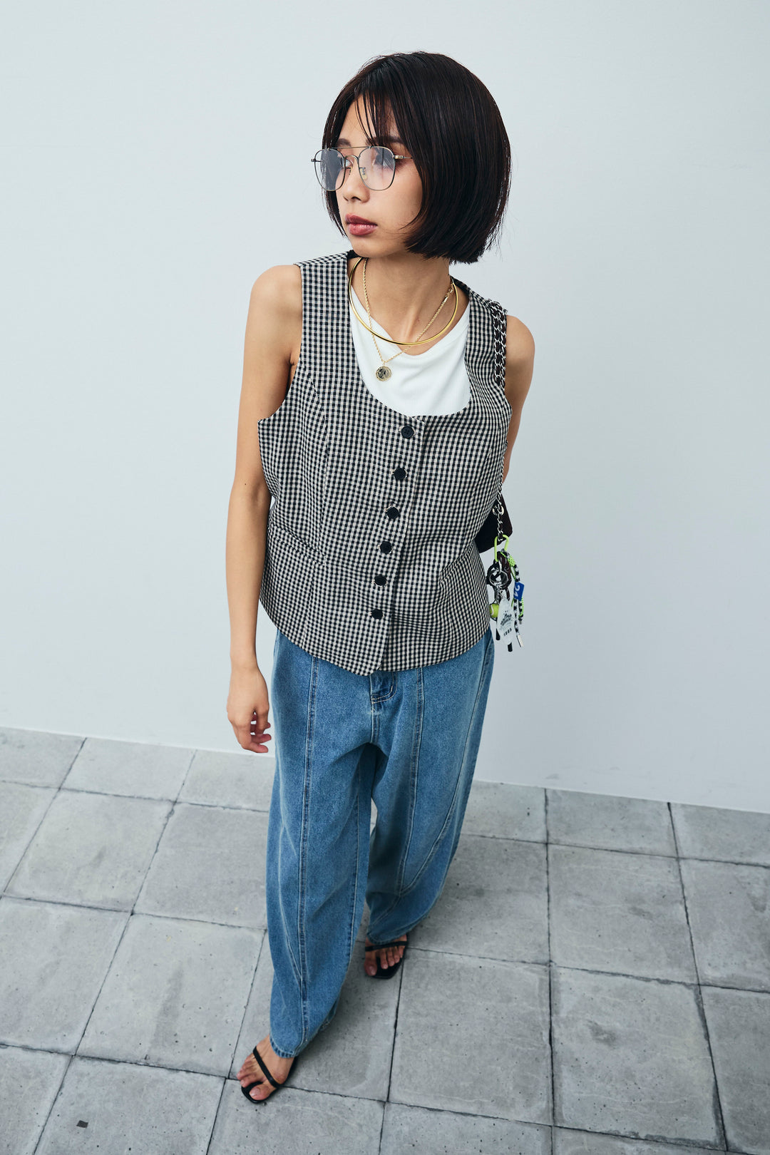 [予約/SET]チェックベスト+デニム切り替えストレートパンツ(2set)