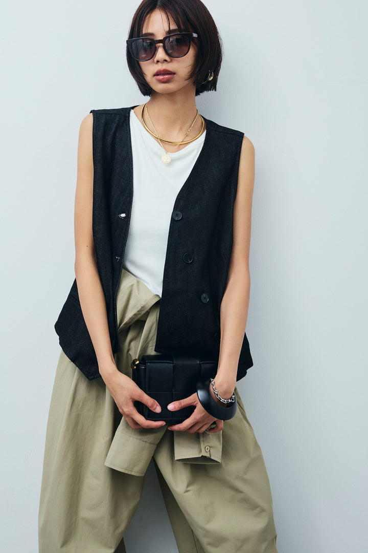 [予約/SET]アシメボタンデニムベスト+合繊ツイルジャンプスーツ(2set)