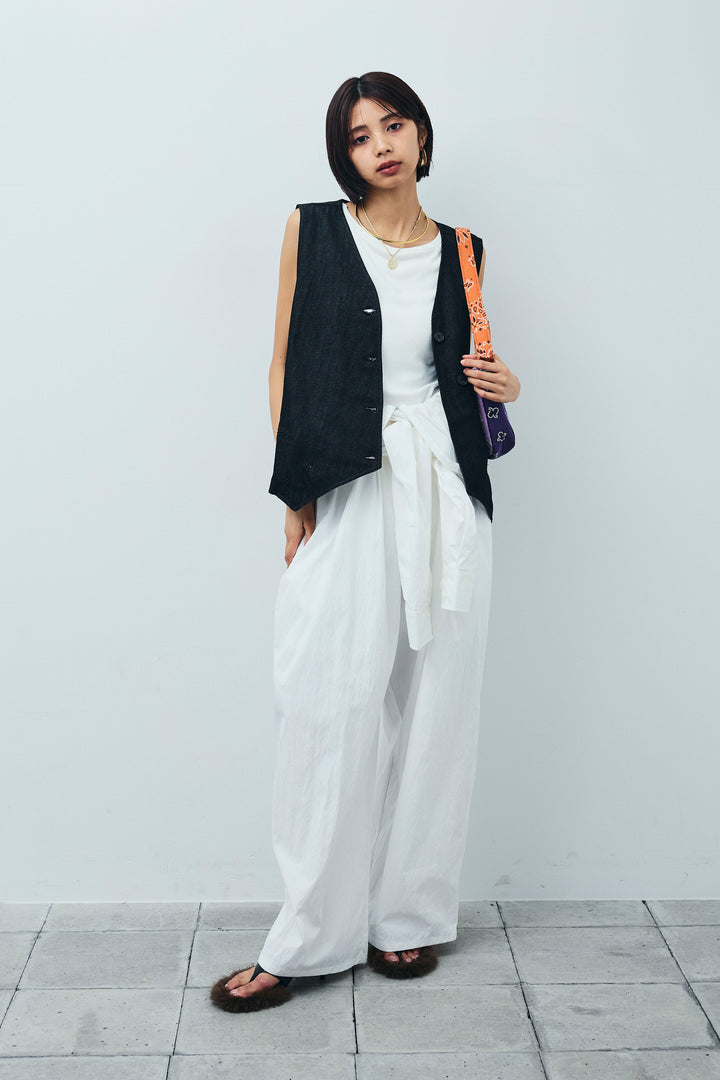 [予約/SET]アシメボタンデニムベスト+テレコリブカップ付きノースリーブ トップス+合繊ツイルジャンプスーツ(3set)