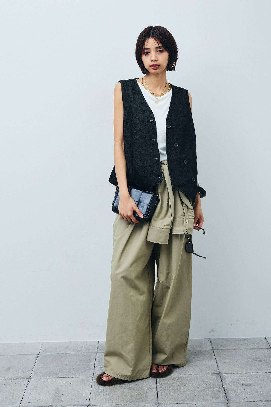 [予約/SET]アシメボタンデニムベスト+合繊ツイルジャンプスーツ(2set)