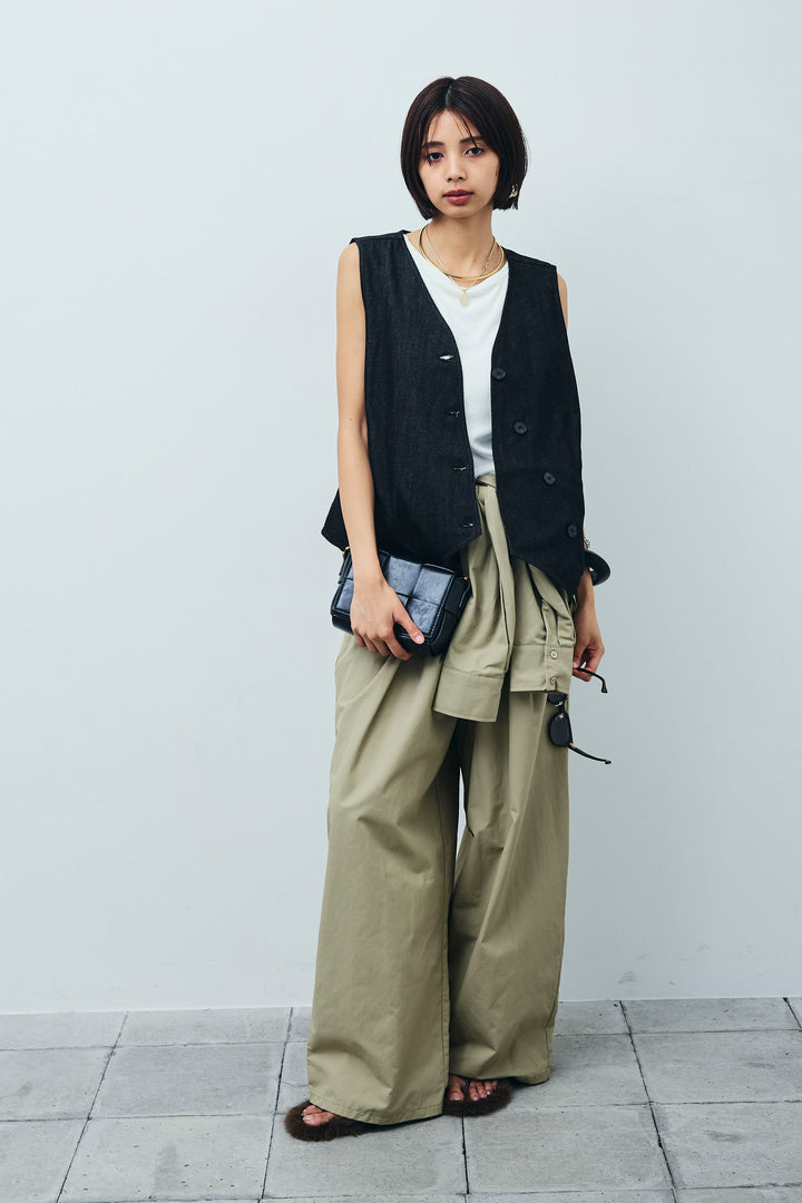 [予約/SET]アシメボタンデニムベスト+テレコリブカップ付きノースリーブ トップス+合繊ツイルジャンプスーツ(3set)