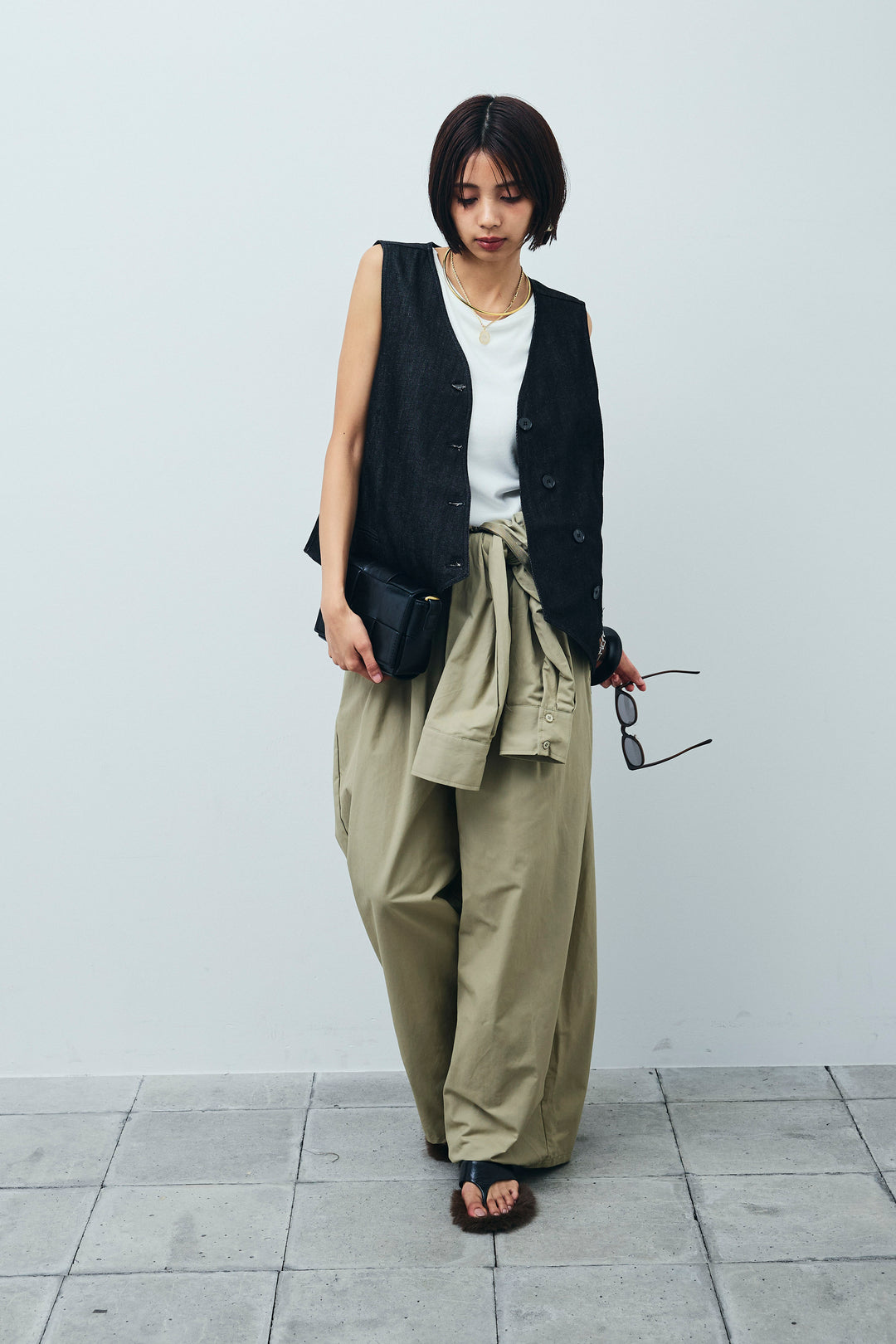 [予約/SET]アシメボタンデニムベスト+合繊ツイルジャンプスーツ(2set)