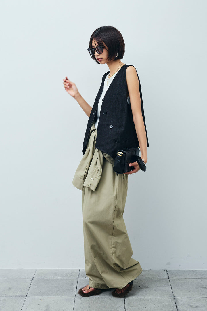 [予約/SET]アシメボタンデニムベスト+テレコリブカップ付きノースリーブ トップス+合繊ツイルジャンプスーツ(3set)