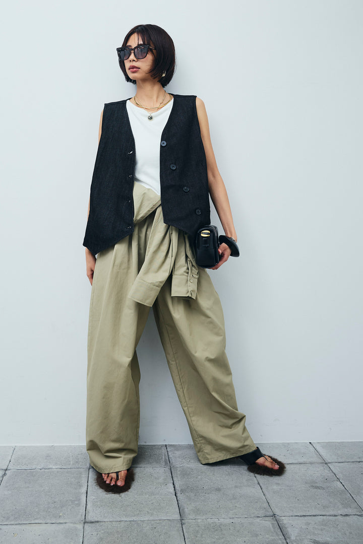 [予約/SET]アシメボタンデニムベスト+テレコリブカップ付きノースリーブ トップス+合繊ツイルジャンプスーツ(3set)