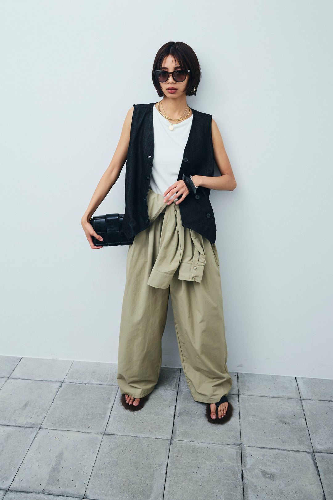 [予約/SET]アシメボタンデニムベスト+合繊ツイルジャンプスーツ(2set)